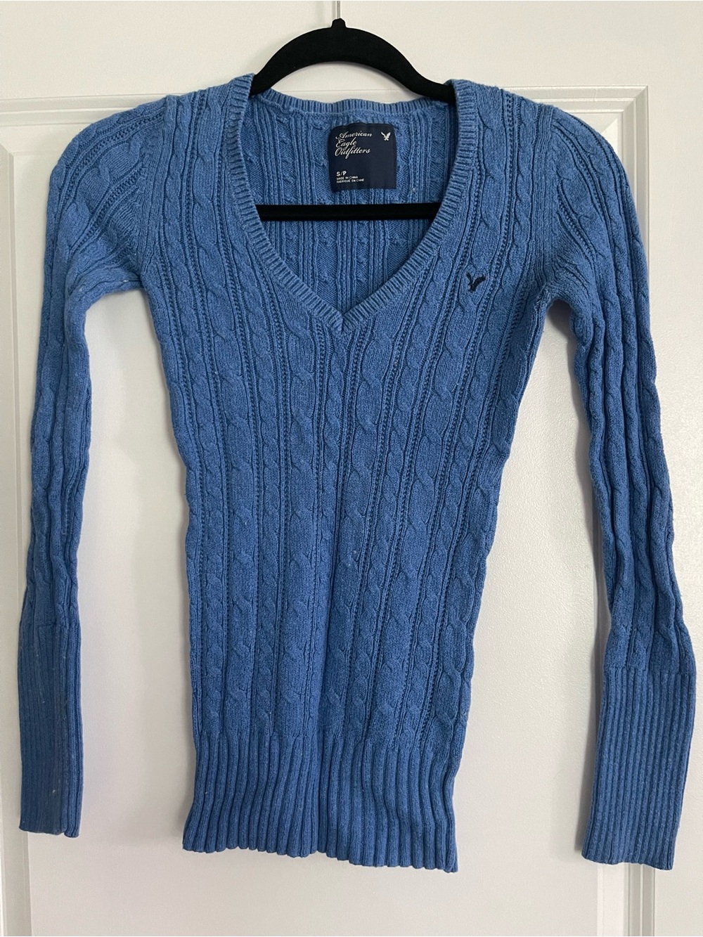 American Eagle Outfitters Women's Sky Blue Cable V-Neck Sweater